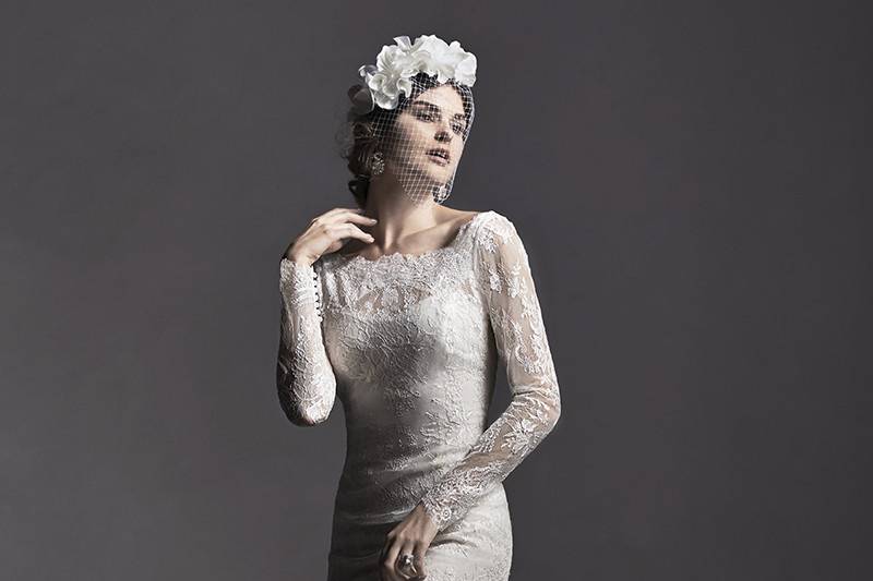 Danae	<br>	Traditional lace and modern romance combine in this gorgeous slim A-line wedding dress, complete with long sleeves adorned in illusion lace. Finished with lace trim hemline and pearl button over zipper closure.