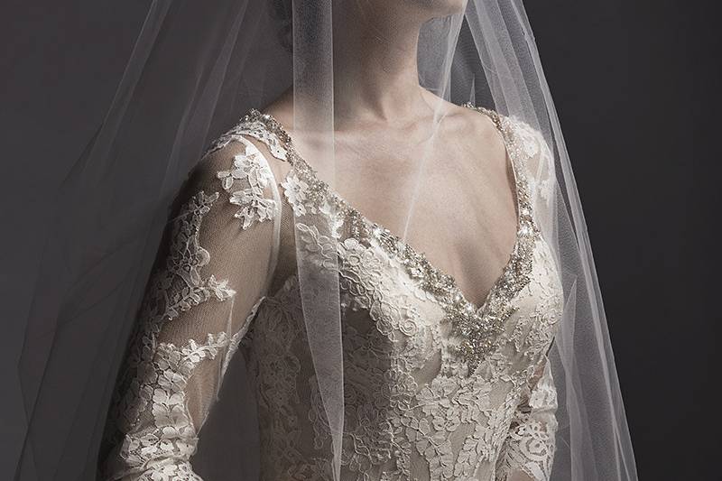 Annora	<br>	Stunning lace appliqués trail the skirt of this slim A-line wedding dress, complete with illusion lace three-quarter sleeves and V-neckline, adorned with Swarovski crystals. Finished with pearl button over zipper closure.