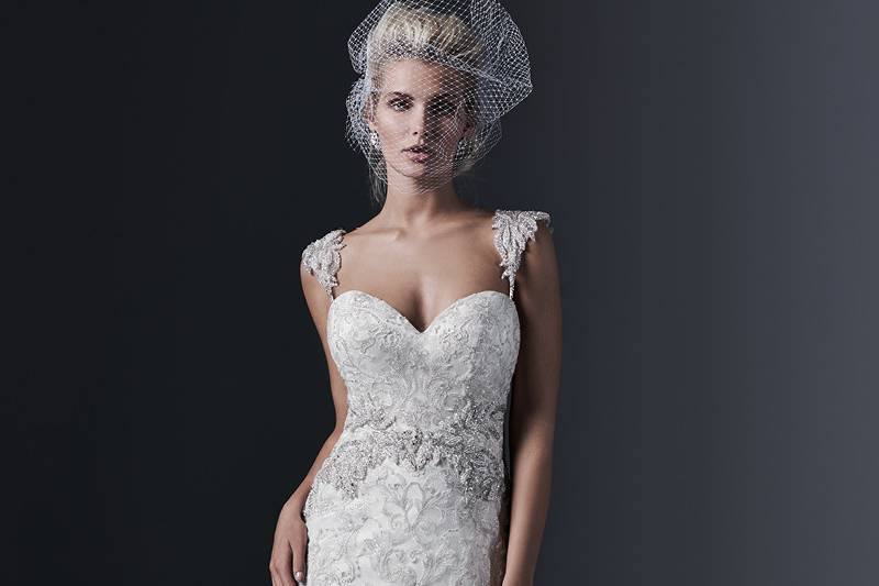 Demetria<br> Elegant tulle and lace combine to create this stunning sheath wedding dress, accented with a Swarovksi crystal motif at the waist. Finished with dramatic sweetheart neckline and covered buttons over zipper and inner elastic closure. Beaded embroidered, cap-sleeve shoulder straps offered separately.