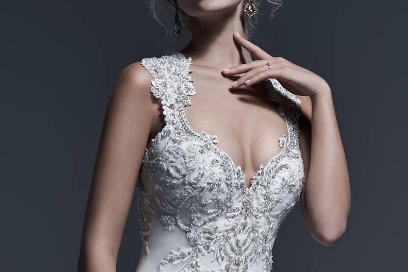 Monticella <br> Bold lace appliqués, accented with sparkling Swarovski crystals, trail the length of this extravagant A-line wedding dress, complete with sweetheart neckline and dramatic illusion lace back. Finished with crystal button over zipper closure.