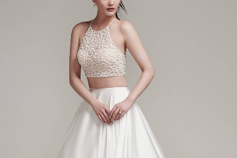 Jude<br> Sophisticated bead encrusted cropped halter with crystal button closure and bandeau lining. Inessa satin A-line skirt with zipper closure.