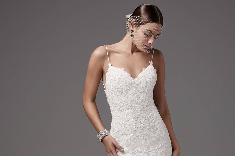 Bristol	<br>	Chic and alluring, this tulle fit-and-flare features shimmering lace appliqués and bead detailing over Inessa jersey. Gorgeous criss-cross strap details accent the gown's open back, completing the shoulder strap V-neckline. Finished with zipper closure.