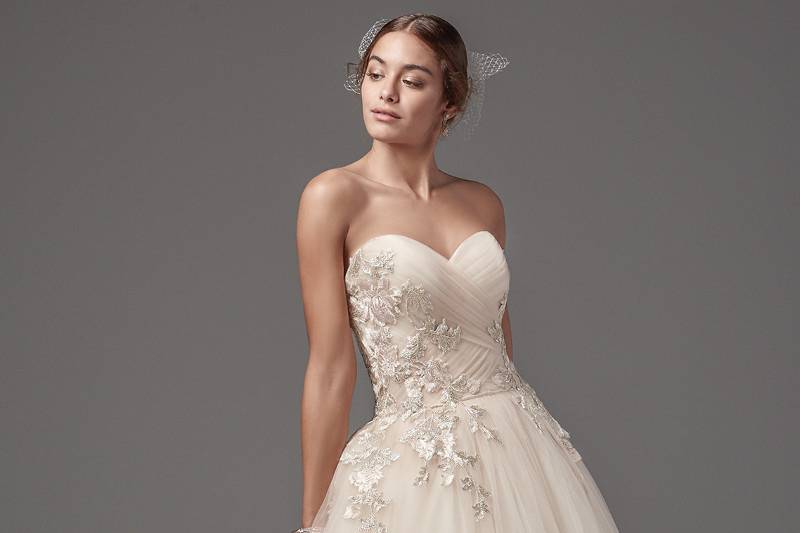 Decadence	<br>	Embroidered blush and gold lace appliqués cascade over layers of tulle in this stunning strapless ballgown, featuring a pleated bodice and sweetheart neckline. Finished with crystal buttons over zipper and inner corset closure.