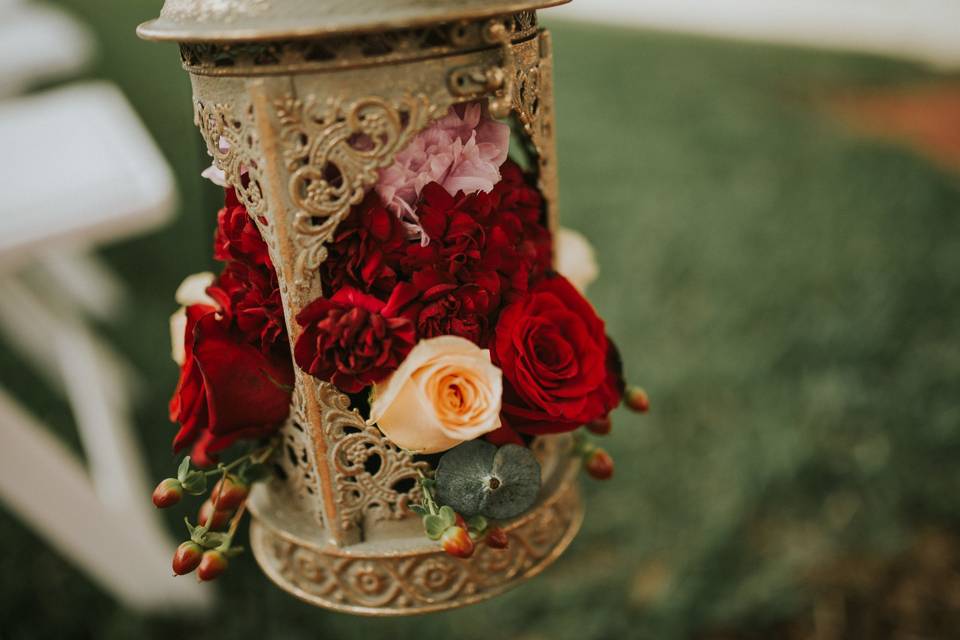 Lantern with flowers in it