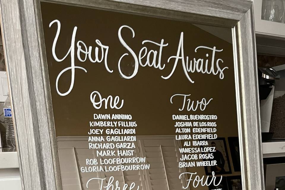 Seating chart written by hand