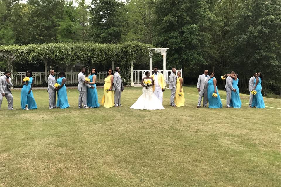 The couple with the bridesmaids and groomsmen