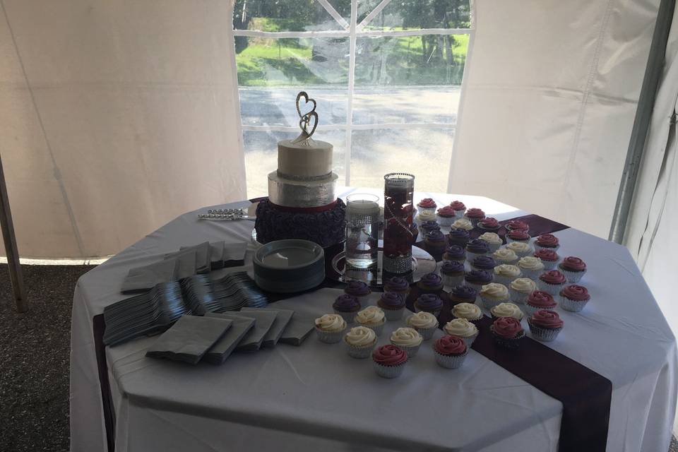 Cake and Cupcake Table in Reception Tent Burton Wedding