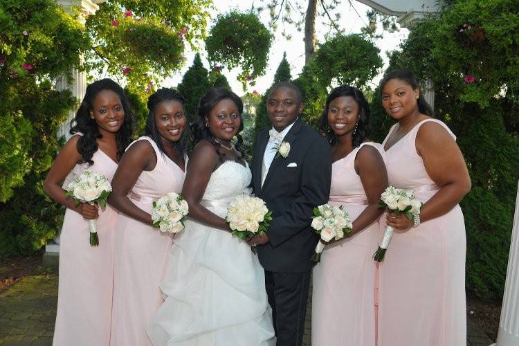 Newlyweds and bridesmaids