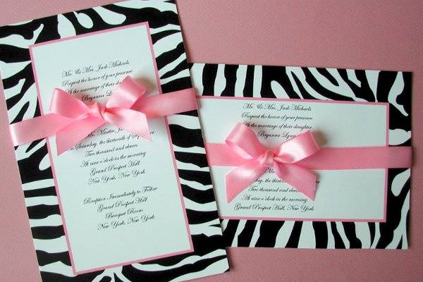 Zebra Print Artistic Invitation Sets w/Satin Ribbon by 3 Girls Print Design. View More Colors & Style Choices Here:
http://3girlsprintdesign.wix.com/3girls#!weddings-showers-main/c1szd