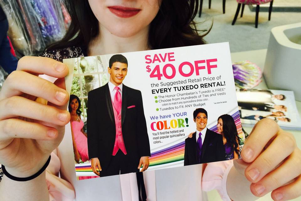 We have an ongoing $40 off Tux rental sale.