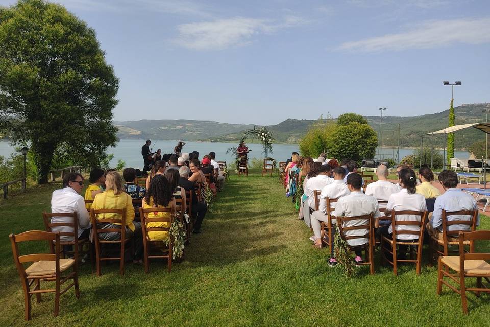 Lake wedding ceremony setup