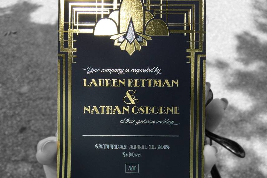 Art Deco Foil Stamped Wedding Invitation
The client was hosting a Gatsby themed wedding and requested custom art deco invitations to set the tone for the party. The wedding is planned to be a fun 1920s costumed event with a touch of class. I chose to go with gold and silver foil stamping rather than printing with ink to add that pop and shine truly capturing the era and the Great Gatsby.
Paper Choice: #122 Black Plike for a smooth satin finish and to allow the foil to be the main attraction.
I created the custom art and typography using Adobe Illustrator and used Spotlight Graphics in Sarasota Florida for their foil stamping services. I have worked with Renee at Spotlight in the past and keeping the services local was a great way to support my local economy and get a great product.