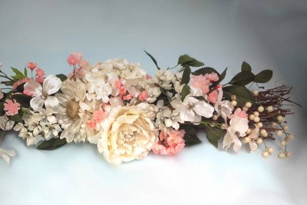 Peaches and Cream archway swag with pearls and iridescent flowers, etc.