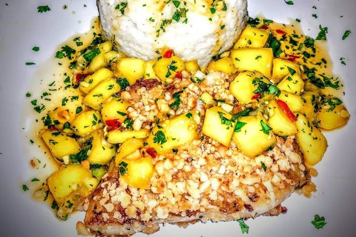 Encrusted snook with mango salsa