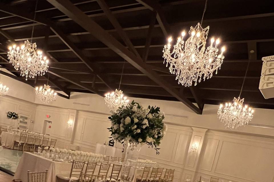 White with gold and greenery