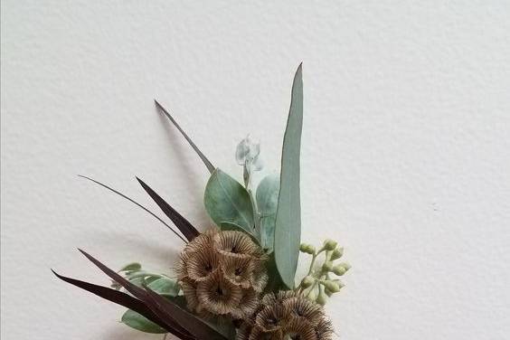 Boutonniere - Scabiosa pods, and seeded eucalyptus