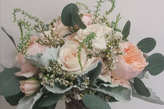 Romantic rustic bouquet - Garden roses, veronica, dusty miller and eucalyptus. Burlap handle treatment