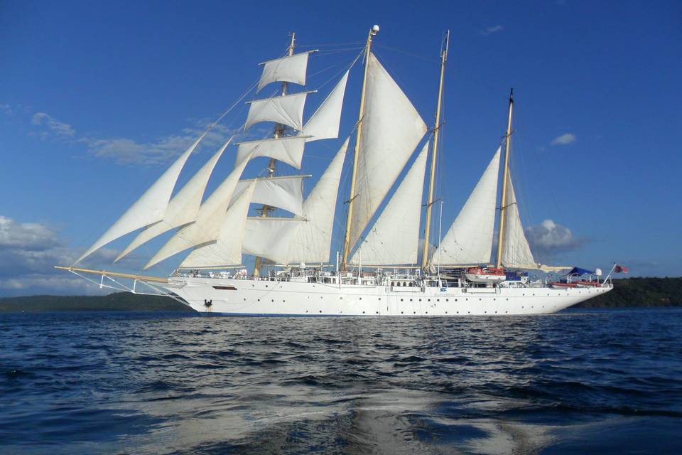 Star Flyer under sail. 85 well appointed cabins in romantic settings including the Caribbean and Mediterranean Sea.