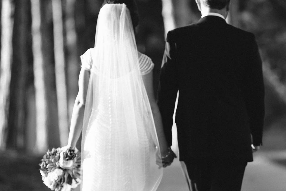 Bride and groom walking