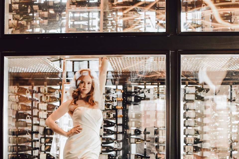 Bride in wine room