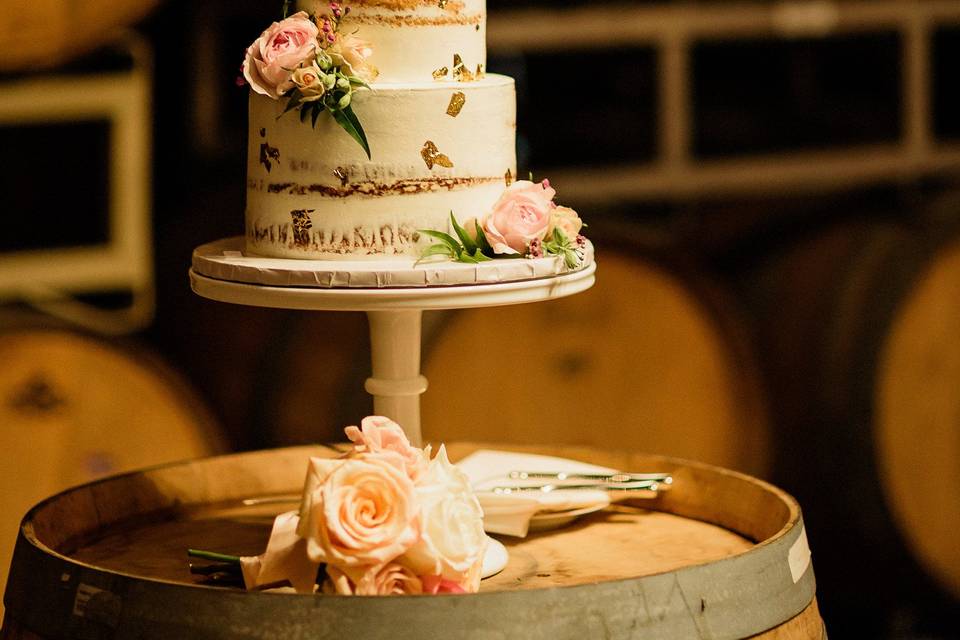 WEdding cake on a barrel