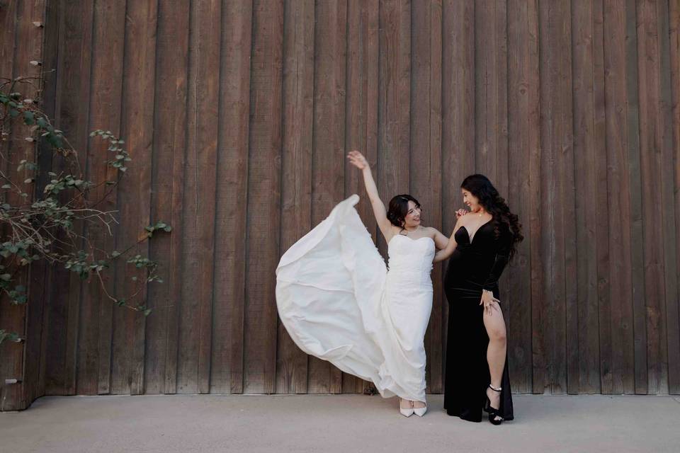 Having fun with her dress