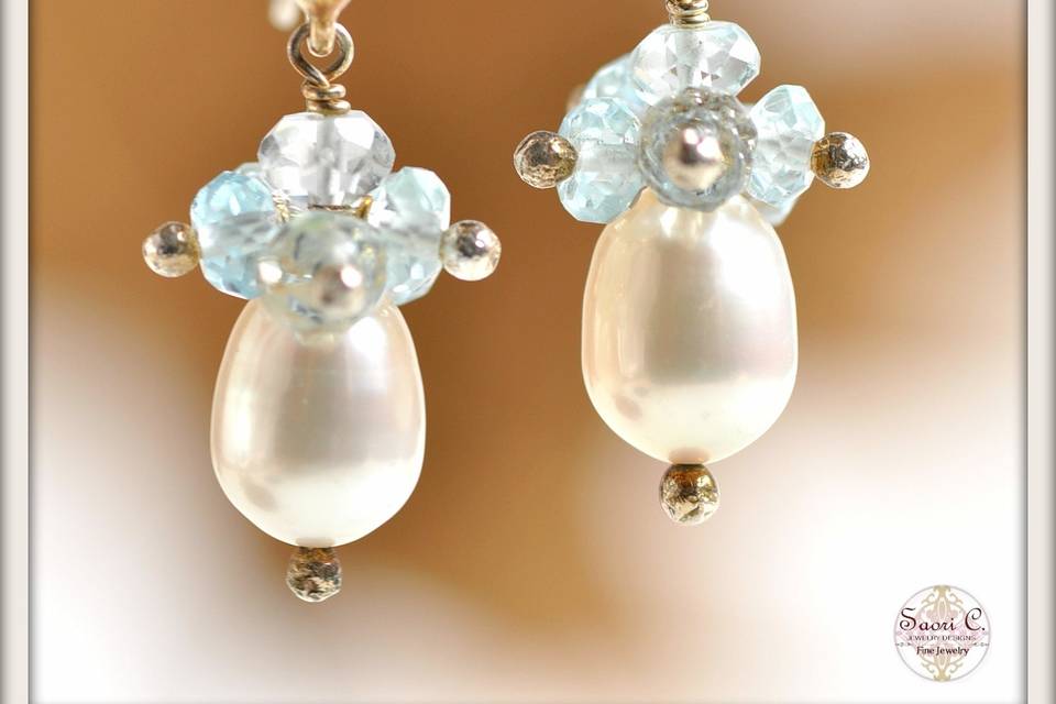 Mermaid Earrings in White Pearl and Aquamarine - Lovely sprays of aquamarine crowning large oval white pearls, suspended from elegant sterling silver French ear wires.