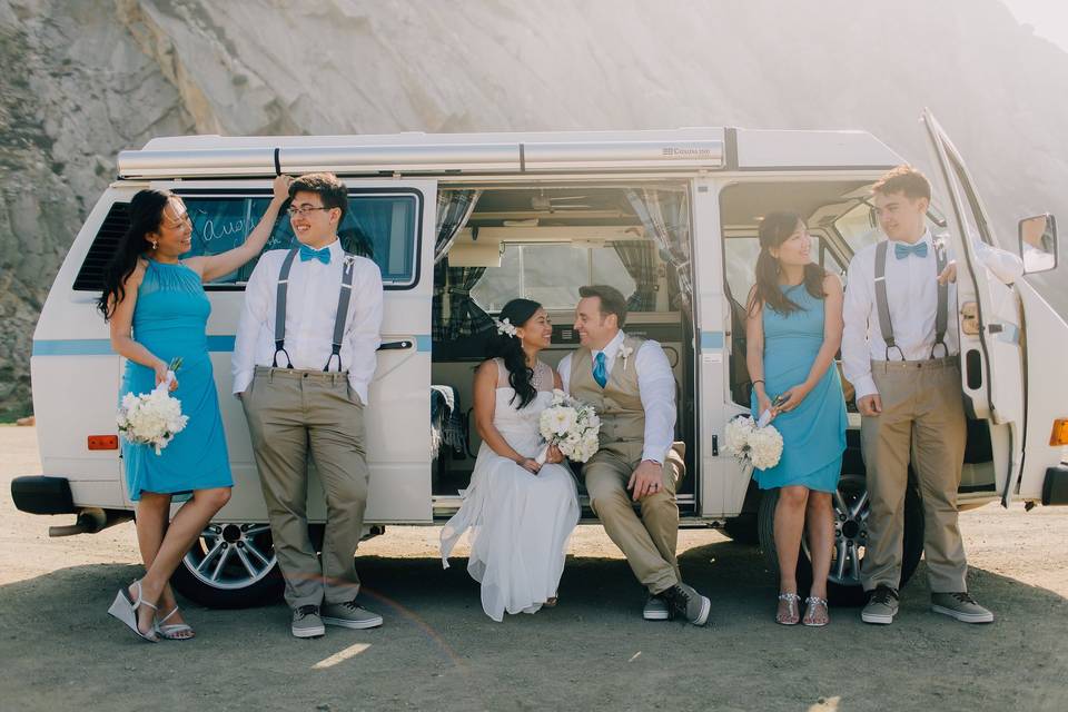 Beach wedding with a vw bus