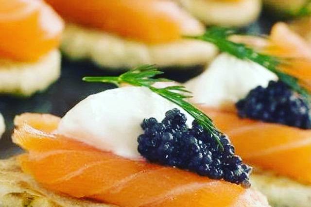 Cured salmon and caviar blini