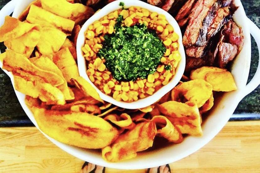 Steak and plantain chips tapas