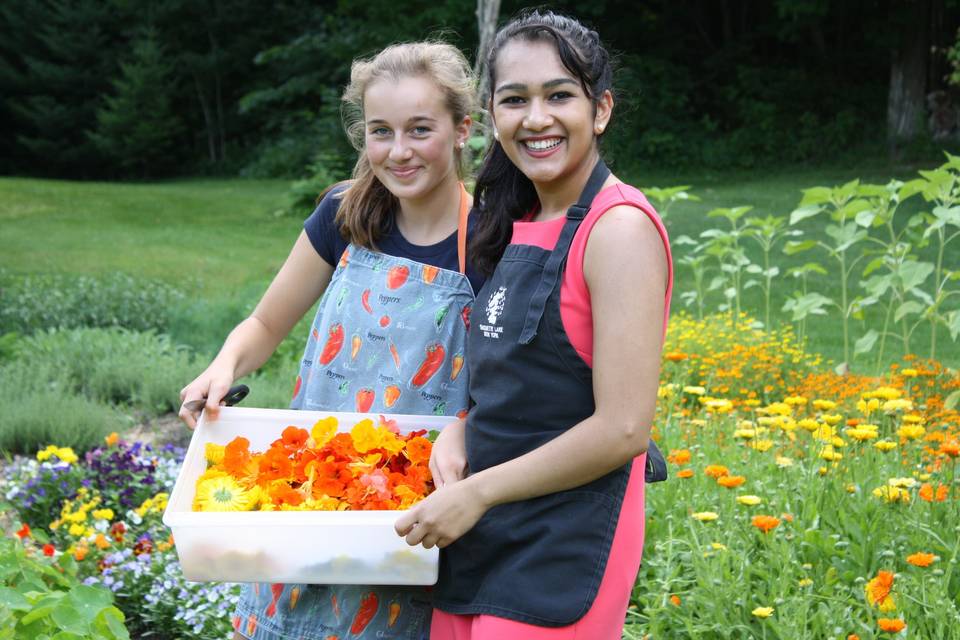 Two girls gathering flowers