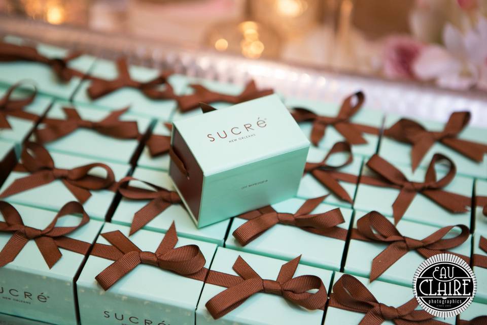 We offer a variety of Favor Boxes which can hold chocolates or macarons.