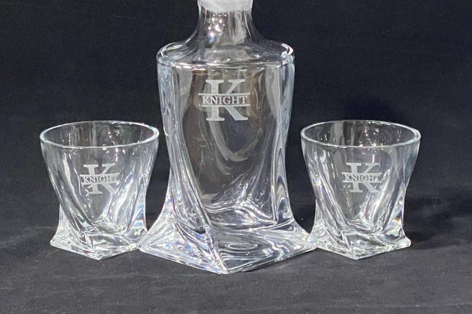 Etched glass decanter set