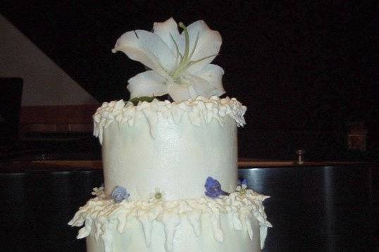Plain and simple cake with leave decorations around the top tiers