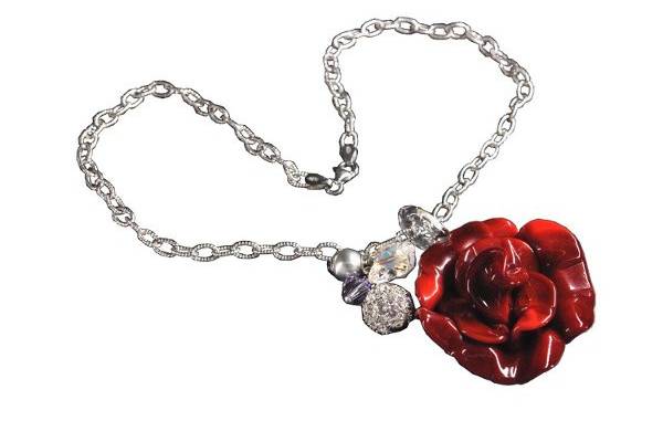 A Murano Glass Rose is the focal point of this beautiful necklace with Swarovski Crystal charms