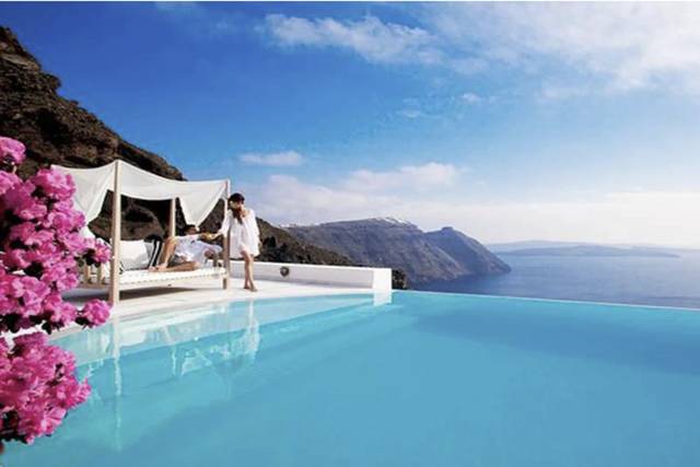 Pool framed by bougainvillea