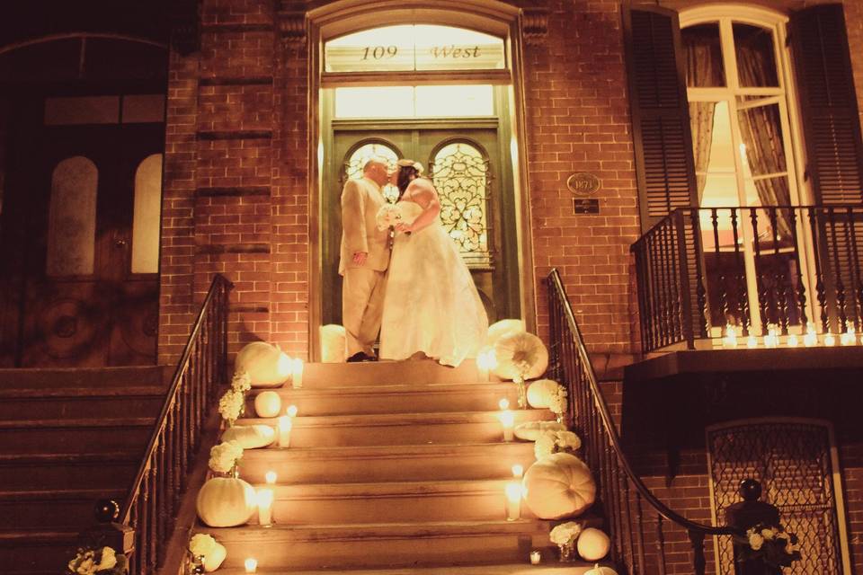 Newlyweds up the stairs
