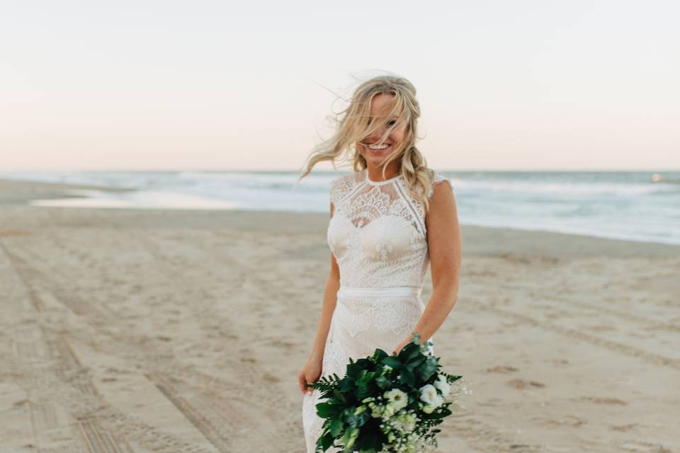 Wind blown beach wedding