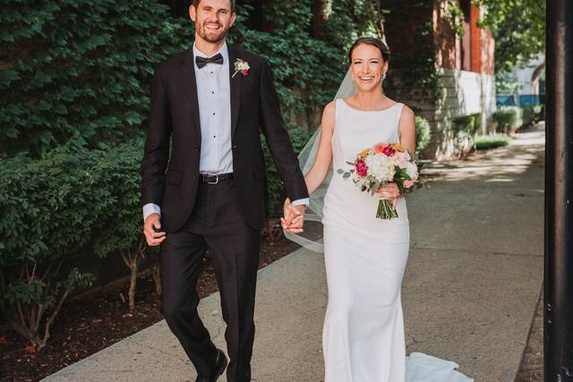 Happy bride and groom walking