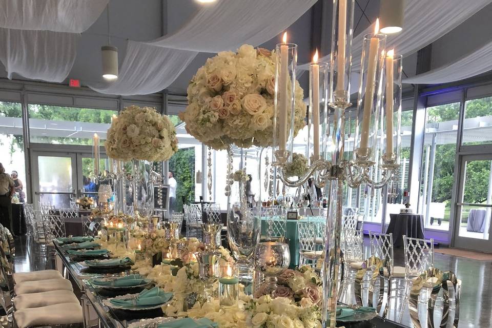 Table setup and floral centerpieces