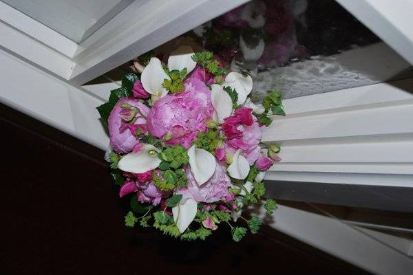 Bridal Bouquet- Pink Peonies, Green Hydrangea, white Mini Cala's, Bluplurem