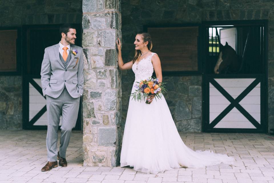 Groom and bride in the barn