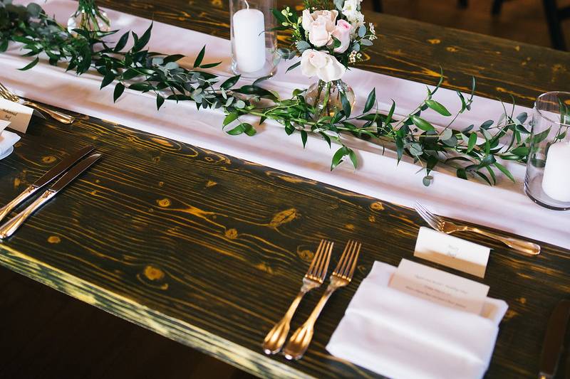 Farm tables and floral decor