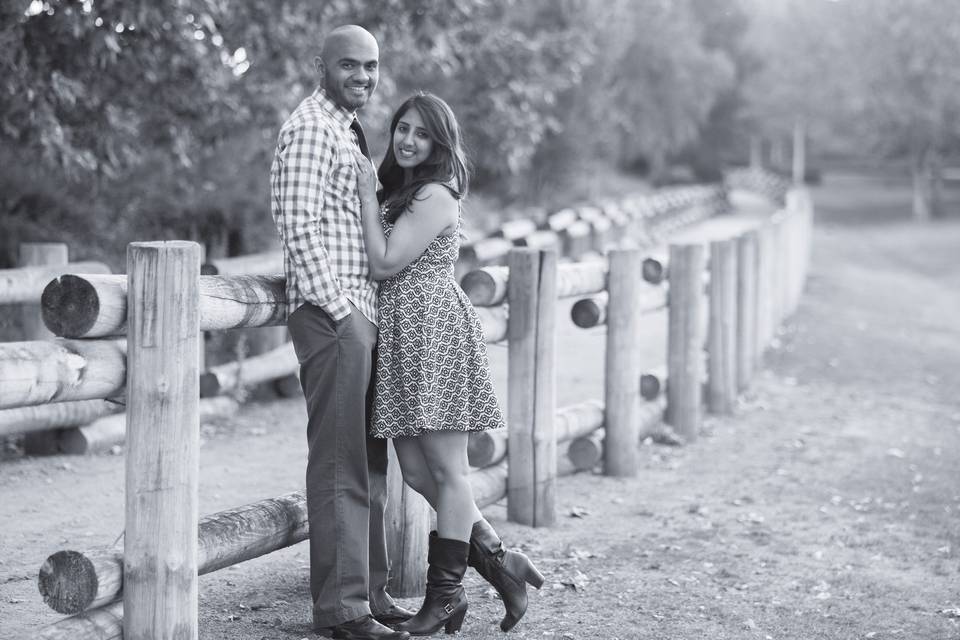 Black and white engagement photo in naturalistic trails of Orange County