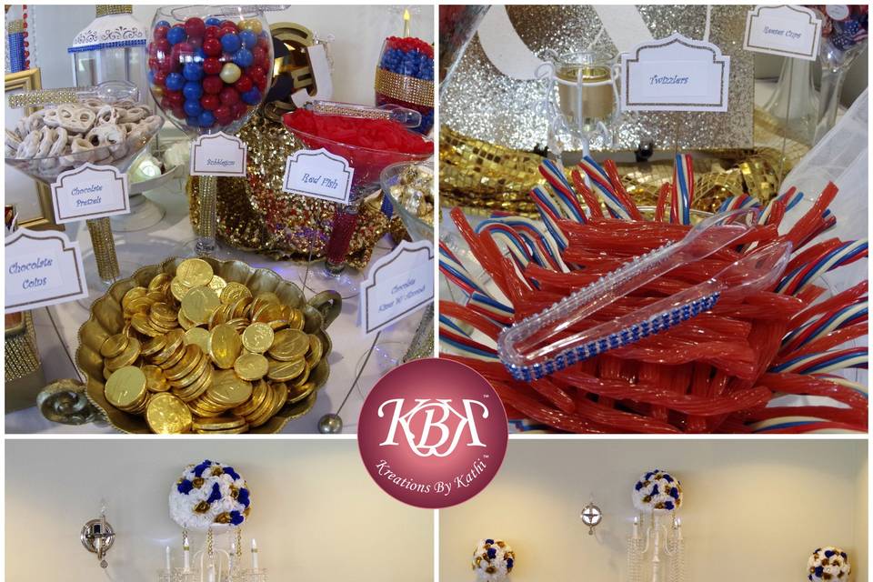 Red White Blue and Gold stunning candy station for military couple.