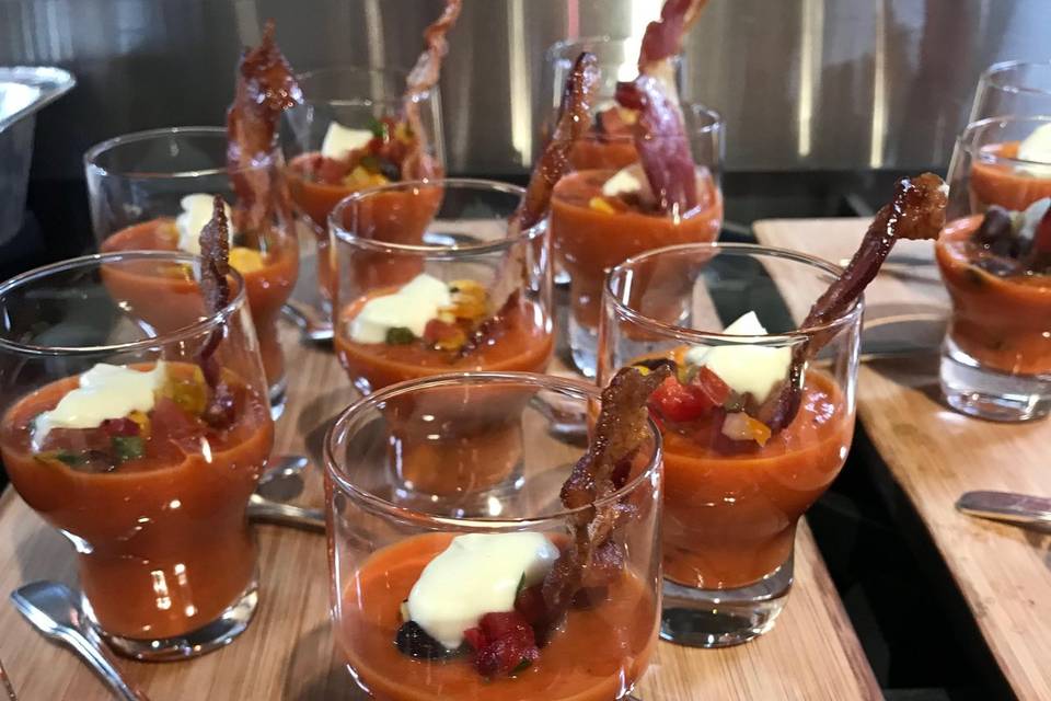 Cream of tomato and candied bacon