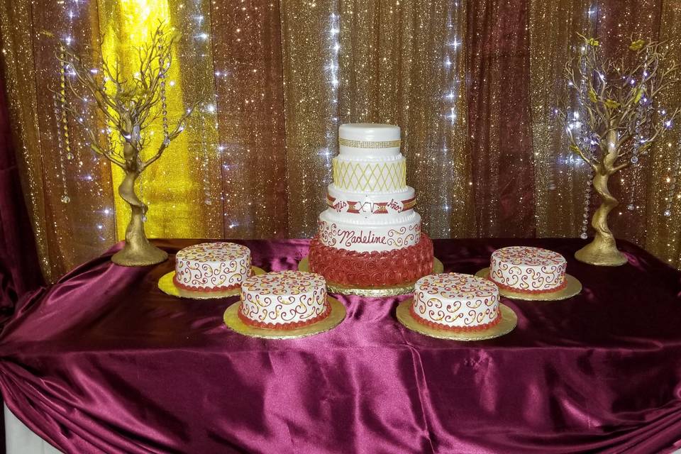 Multi tiered with a focal cake