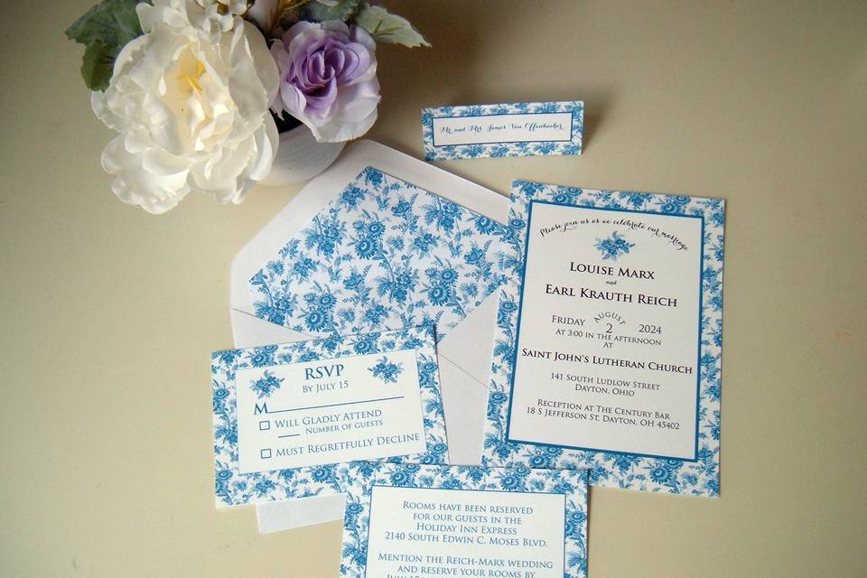 Blue toile invitation suite