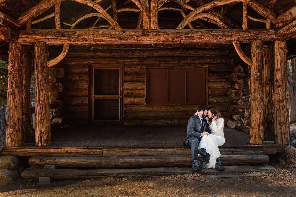 Tahoe wedding couple married at Squaw Valley Resort on rustic cabin