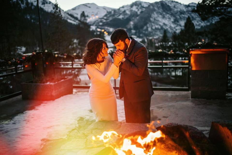 Squaw valley resort wedding couple in the winter snow photographed by Charleton Churchill.